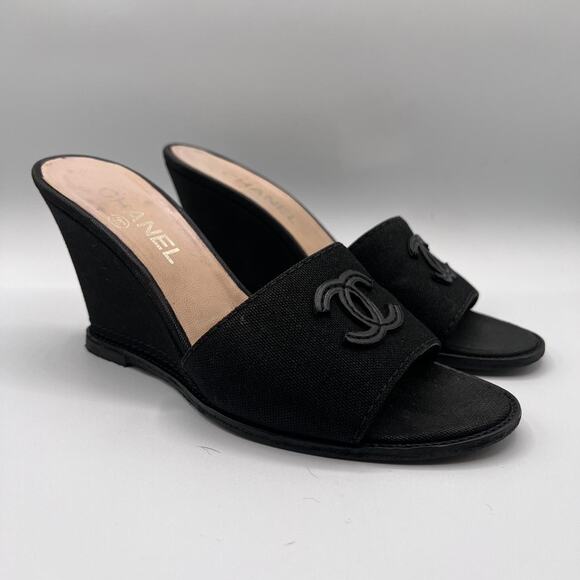 Chanel CC Logo Black Wedges Size 6.5/7 - Picture 6 of 7